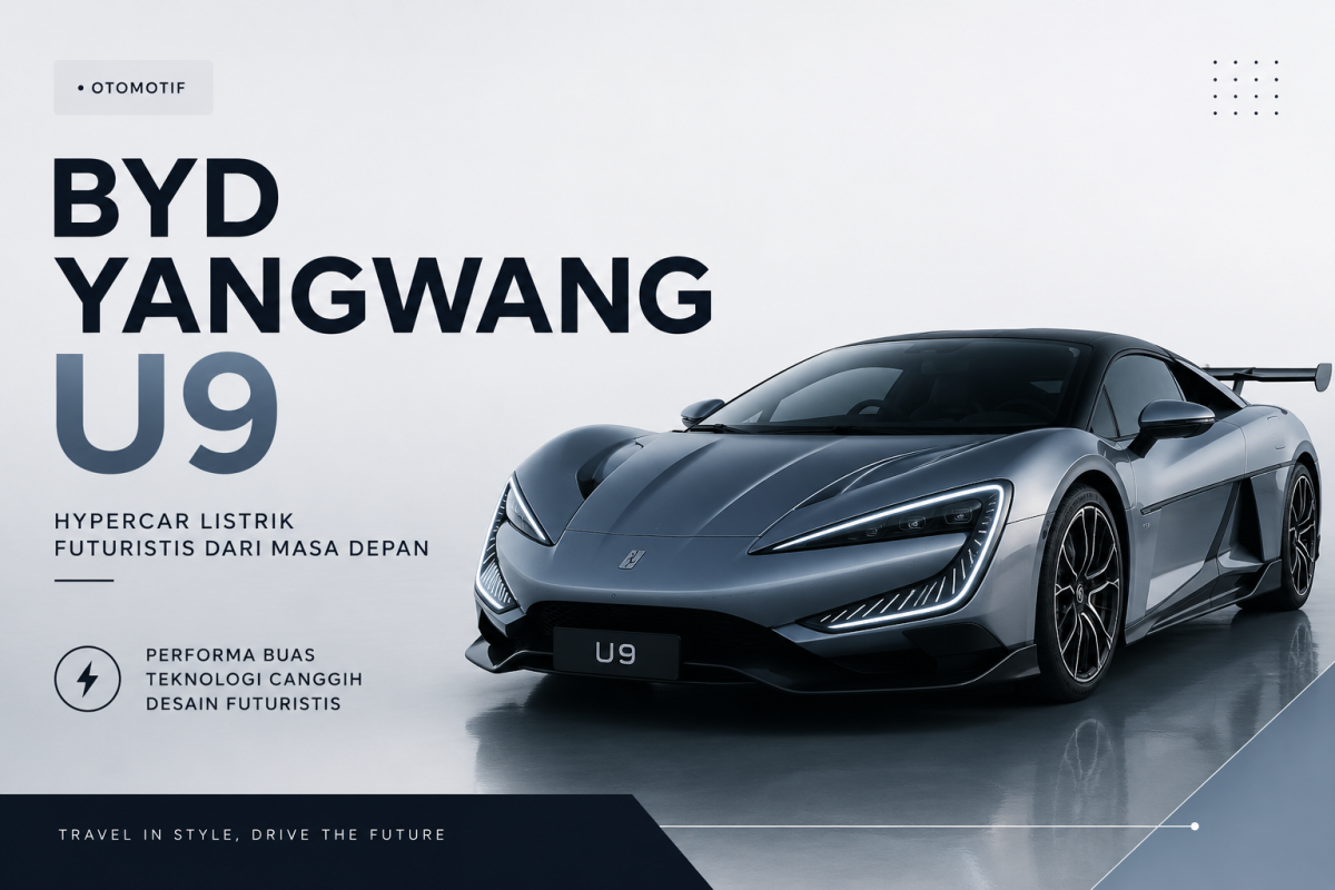 BYD Yangwang U9 berwarna abu-abu metalik dengan desain futuristis pada banner minimalist bertema hypercar listrik modern.