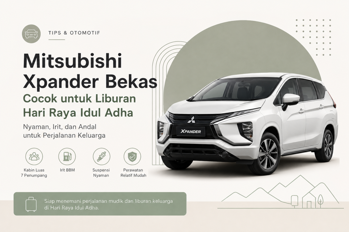 Mitsubishi Xpander bekas warna putih dengan desain stylish minimalist untuk ilustrasi mobil keluarga liburan Hari Raya Idul Adha