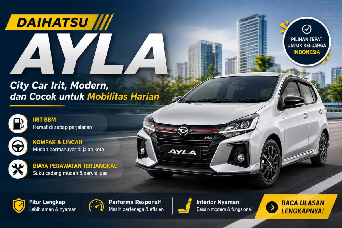 Banner Daihatsu Ayla 2025 berwarna putih dengan latar perkotaan modern, menampilkan keunggulan city car irit BBM, desain modern, biaya perawatan terjangkau, serta fitur lengkap untuk mobilitas harian.