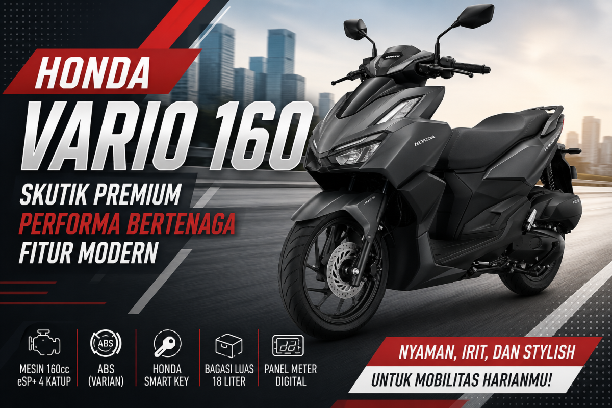 Honda Vario 160 warna hitam dengan desain sporty, mesin 160cc eSP+, fitur modern, dan tampilan premium untuk mobilitas harian.