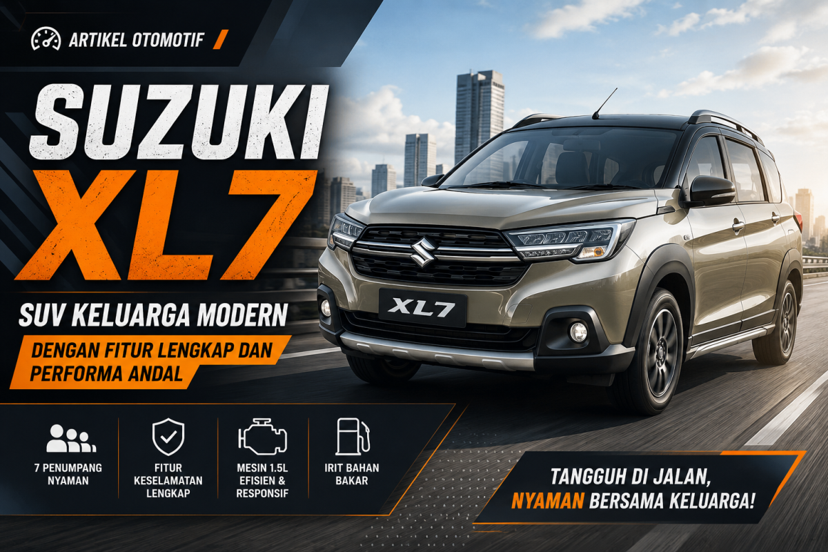 Suzuki XL7 SUV keluarga modern dengan desain tangguh, fitur keselamatan lengkap, kabin 7 penumpang, dan mesin 1.5L yang efisien.