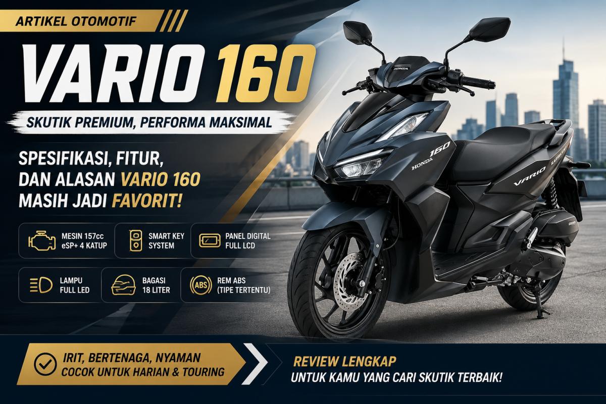 Honda Vario 160 warna hitam dengan desain sporty yang menampilkan spesifikasi, fitur, dan kelebihan skutik premium Honda.