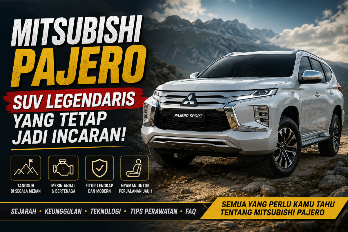 Mitsubishi Pajero Sport berwarna putih dengan latar pegunungan sebagai ilustrasi SUV tangguh untuk artikel mengenai sejarah, keunggulan, fitur, dan performa Mitsubishi Pajero.